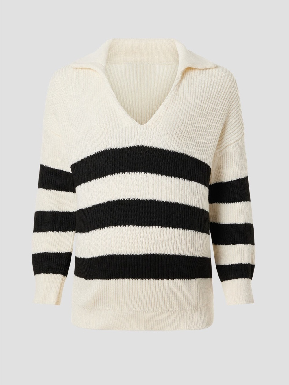 Relaxed V-Neck Striped Sweater - Cream & Black